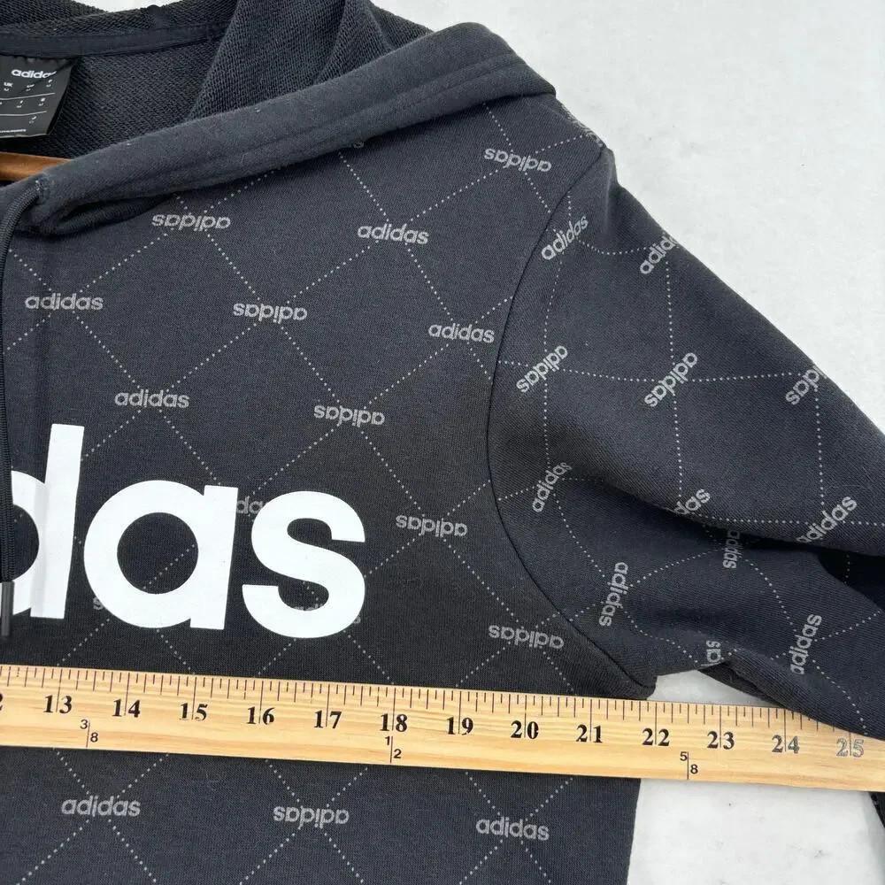 Adidas Hooded Sweatshirt‎ Men's M Black White Allover Spellout Print Hoodie